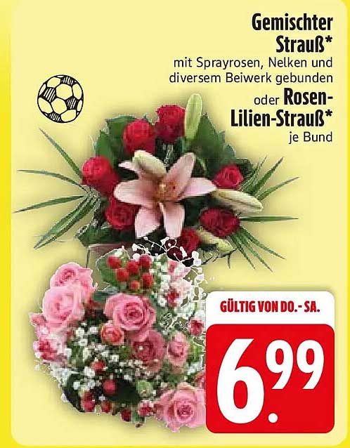 Gemischter Strauß* mit Sprayrosen, Nelken und diverser Beiwerk gebunden oder Rosen-Lilien-Strauß* je Bund