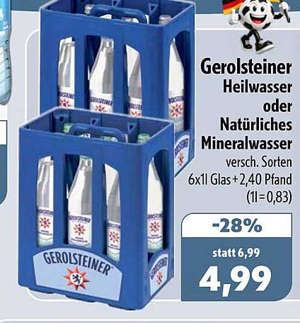 Gerolsteiner Heilwasser oder Natürliches Mineralwasser versch. Sorten 6x1l Glas +2,40 Pfand (1l = 0,83)