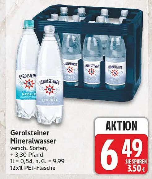 Gerolsteiner Mineralwasser versch. Sorten, + 3,30 Pfand 1l = 0,54, n. G. = 9,99 12x1l PET-Flasche