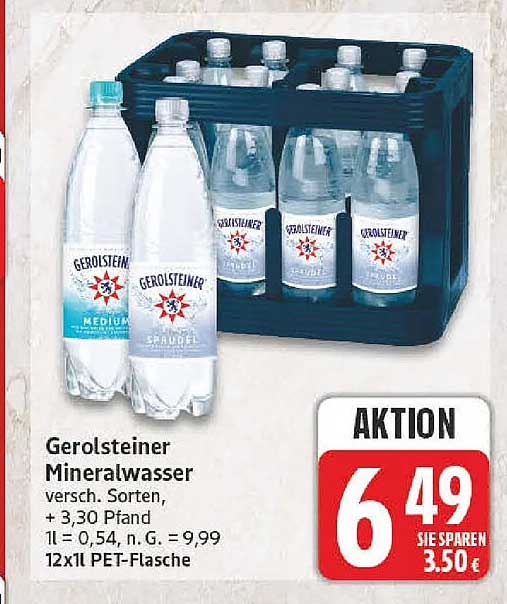 Gerolsteiner Mineralwasser versch. Sorten, + 3,30 Pfand 1l = 0,54, n. G. = 9,99 12x1l PET-Flasche