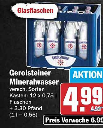 Gerolsteiner Mineralwasser versch. Sorten Kasten: 12 x 0,75 l Flaschen + 3.30 Pfand (1 l = 0.55)