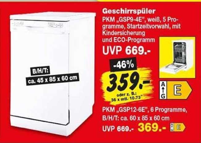 Geschirrspüler PKM „GSP9-4E“, weiß, 5 Programme, Startzeitvorwahl, mit Kindersicherung und ECO-Programm