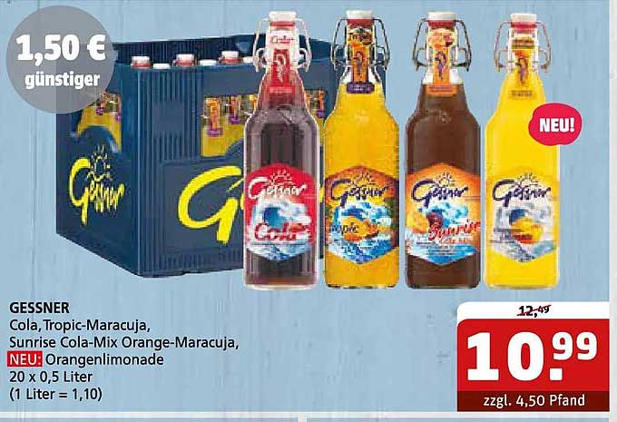 GESSNER Cola, Tropic-Maracuja, Sunrise Cola-Mix Orange-Maracuja, NEU: Orangenlimonade 20 x 0,5 Liter (1 Liter = 1,10)