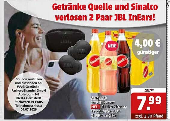 Getränke Quelle und Sinalco verlosen 2 Paar JBL InEars!