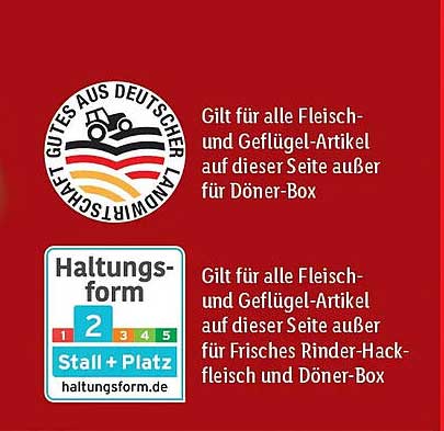 Gilt für alle Fleisch- und Geflügel-Artikel auf dieser Seite außer für Döner-Box