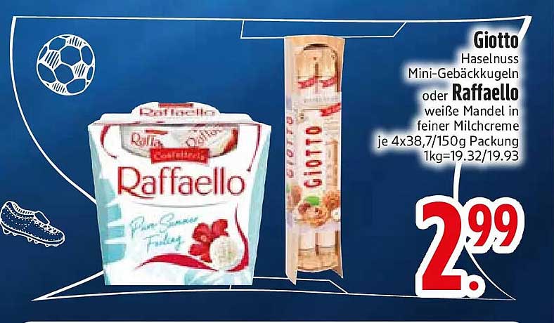 Giotto Haselnuss Mini-Gebäckkugeln oder Raffaello weiße Mandel in feiner Milchcreme
