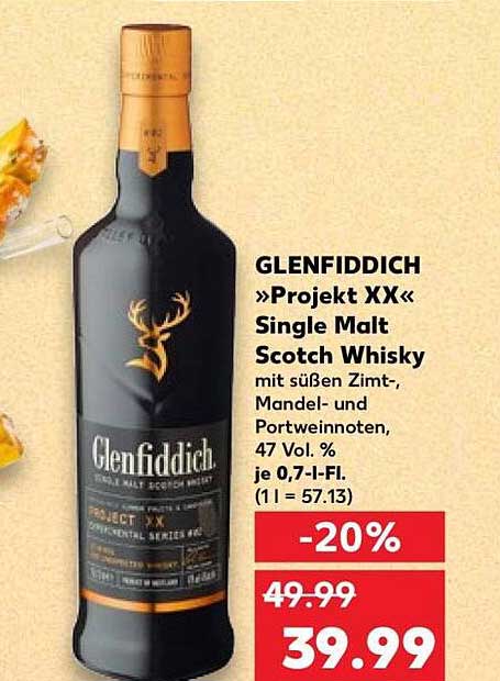 GLENFIDDICH »Projekt XX« Single Malt Scotch Whisky mit süßen Zimt-, Mandel- und Portweinnoten, 47 Vol. %, je 0,7-l-Fl. (1 l = 57.13)