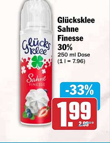 Glücksklee Sahne Finesse 30% 250 ml Dose (1 l = 7.96)