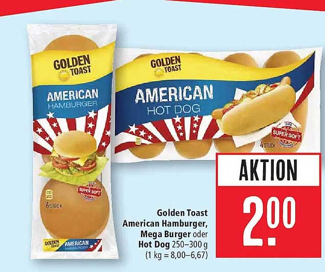 Golden Toast American Hamburger, Mega Burger oder Hot Dog 250-300 g (1 kg = 8,00–6,67)
