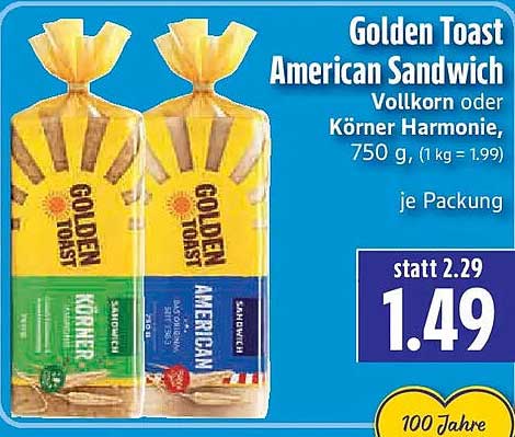 Golden Toast American Sandwich Vollkorn oder Körner Harmonie, 750 g, (1 kg = 1.99)