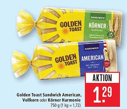 Golden Toast Sandwich American, Vollkorn oder Körner Harmonie 750 g (1 kg = 1,72)