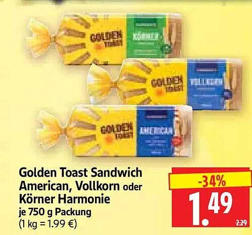 Golden Toast Sandwich American, Vollkorn oder Körner Harmonie je 750 g Packung (1 kg = 1,99 €)