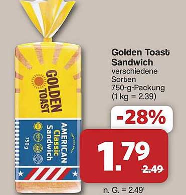 Golden Toast Sandwich verschiedene Sorten 750-g-Packung (1 kg = 2.39)