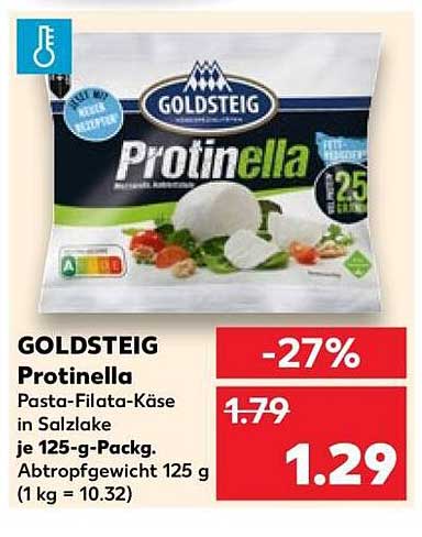 GOLDSTEIG Protinella Pasta-Filata-Käse in Salzlake je 125-g-Packg. Abtropfgewicht 125 g (1 kg = 10.32)