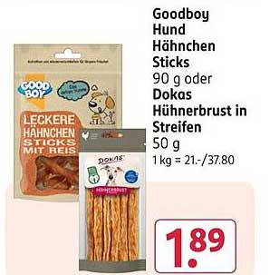 Goodboy Hund Hähnchen Sticks 90 g oder Dokas Hühnerbrust in Streifen 50 g