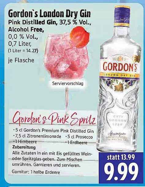 Gordon's London Dry Gin Pink Distilled Gin, 37,5 % Vol., Alcohol Free, 0,0 % Vol., 0,7 Liter