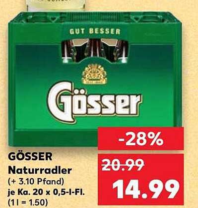 GÖSSER Naturradler (+ 3.10 Pfand) je Ka. 20 x 0,5-l-Fl. (1l = 1.50)
