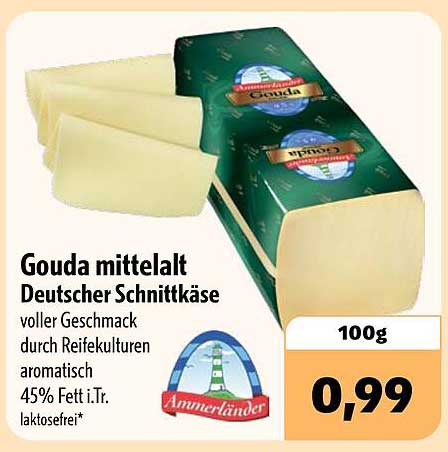 Gouda mittelalt Deutscher Schnittkäse voller Geschmack durch Reifekulturen aromatisch 45% Fett i.Tr. laktosefrei*