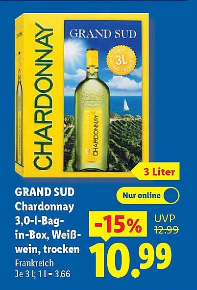 GRAND SUD Chardonnay 3,0-l-Bag-in-Box, Weißwein, trocken
