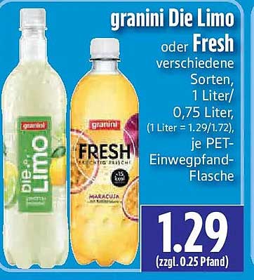 granini Die Limo oder Fresh verschiedene Sorten, 1 Liter/0,75 Liter, je PET-Einwegpfand-Flasche