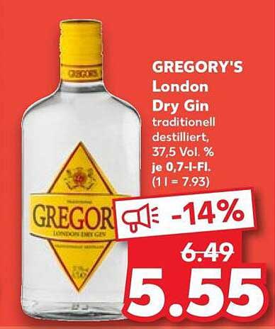 GREGORY'S London Dry Gin traditionell destilliert, 37,5 Vol. % je 0,7-l-Fl. (1 l = 7.93)