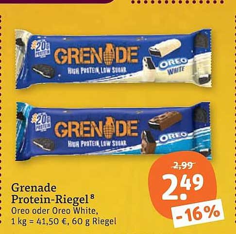 Grenade Protein-Riegel⁸ Oreo oder Oreo White, 1 kg = 41,50 €, 60 g Riegel