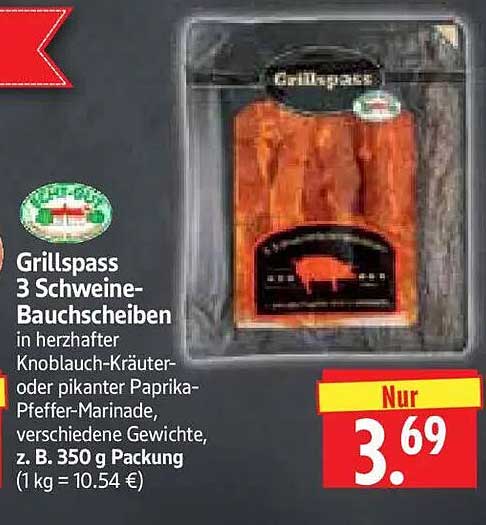 Grillspass 3 Schweine-Bauchscheiben in herzhafter Knoblauch-Kräuter- oder pikanter Paprika-Pfeffer-Marinade, verschiedene Gewichte, z. B. 350 g Packung (1 kg = 10.54 €)