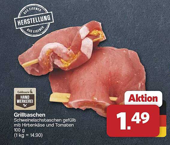Grilltaschen Schweinelachstaschen gefüllt mit Hirtenkäse und Tomaten 100 g (1 kg = 14.90)