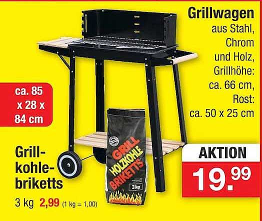Grillwagen aus Stahl, Chrom und Holz, Grillhöhe: ca. 66 cm, Rost: ca. 50 x 25 cm
