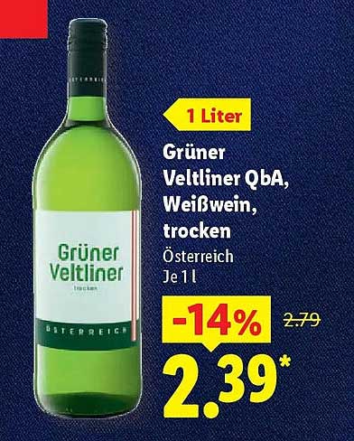 Grüner Veltliner QbA, Weißwein, trocken Österreich Je 1 l