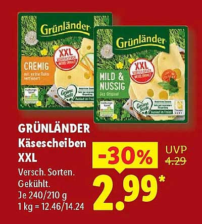 GRÜNLÄNDER Käsescheiben XXL Versch. Sorten. Gekühlt. Je 240/210 g 1 kg = 12.46/14.24