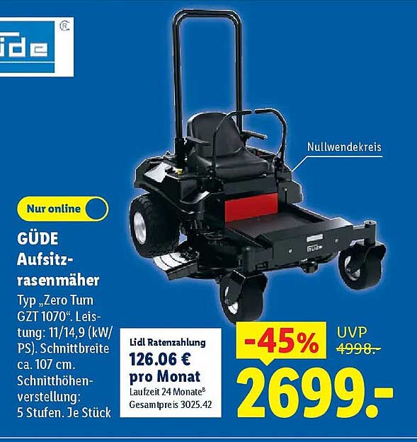 GÜDE Aufsitz-rasenmäher Typ „Zero Turn GZT 1070“.