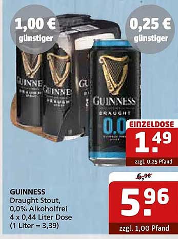 GUINNESS Draught Stout, 0,0% Alkoholfrei 4 x 0,44 Liter Dose (1 Liter = 3,39)