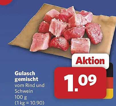 Gulasch gemischt vom Rind und Schwein 100 g (1 kg = 10.90)