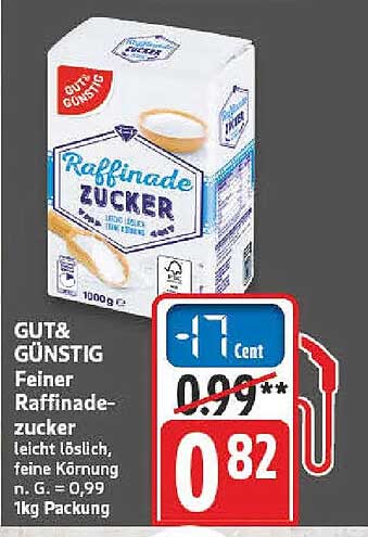 GUT& GÜNSTIG Feiner Raffinadezucker leicht löslich, feine Körnung n. G. = 0,99 1kg Packung