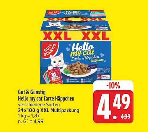 Gut & Günstig Hello my cat Zarte Häppchen verschiedene Sorten 24 x 100 g XXL Multipack