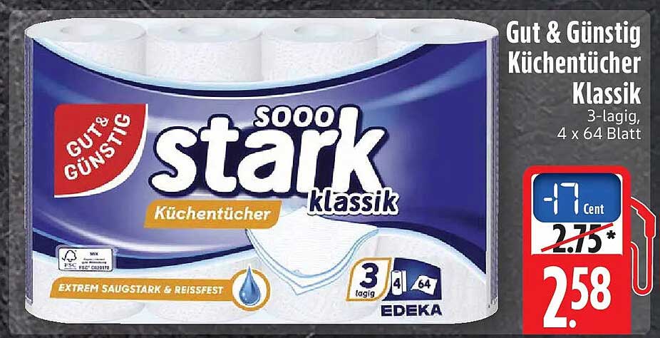 Gut & Günstig Küchentücher Klassik 3-lagig, 4 x 64 Blatt
