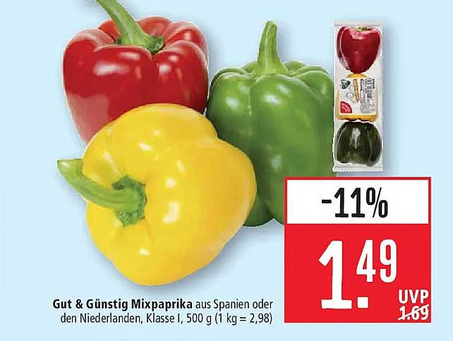 Gut & Günstig Mixpaprika aus Spanien oder den Niederlanden, Klasse I, 500 g (1 kg = 2,98)