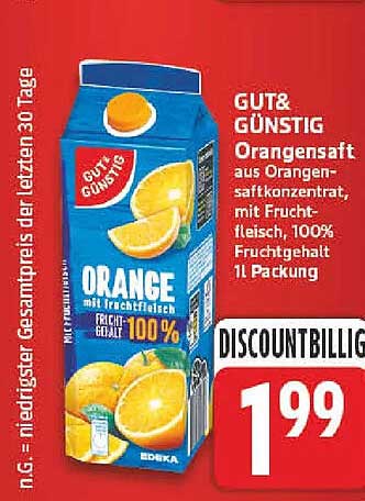 GUT & GÜNSTIG Orangensaft aus Orangen-saftkonzentrat, mit Fruchtfleisch, 100% Fruchtgehalt 1L Packung