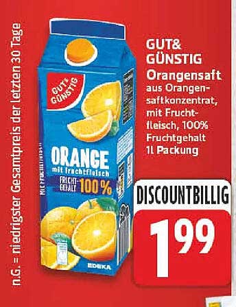 GUT & GÜNSTIG Orangensaft aus Orangensaftkonzentrat, mit Fruchtfleisch, 100% Fruchtgehalt 1l Packung