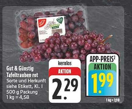 Gut & Günstig Tafeltrauben rot Sorte und Herkunft siehe Etikett, Kl. I 500 g Packung 1kg = 4,58