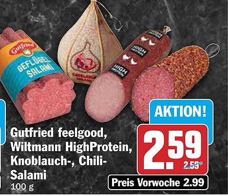Gutfried feelgood, Wiltmann HighProtein, Knoblauch-, Chili-Salami 100 g