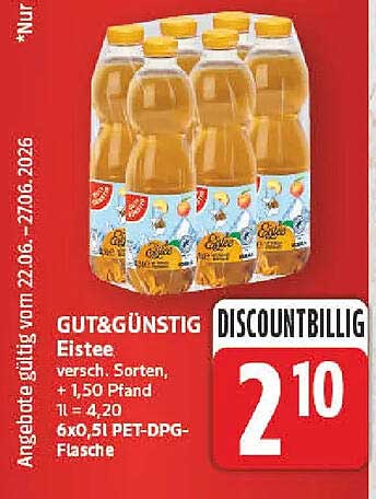 Gut&Günstig Eistee. versch. Sorten, + 1,50 Pfand 1l = 4,20 6x0,5l PET-DPG-Flasche