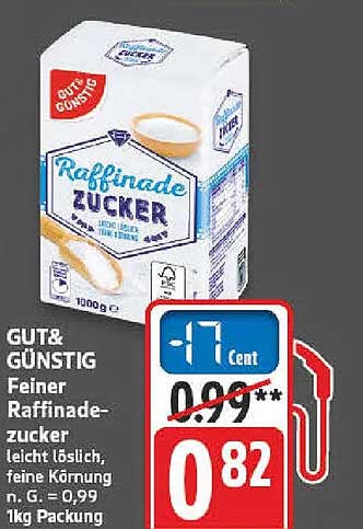 GUT&GÜNSTIG Feiner Raffinadezucker leicht löslich, feine Körnung, o. G. = 0,99 1kg Packung