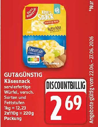 GUT&GÜNSTIG Käsesnack, servierfertige Würfel, versch. Sorten und Fettstufen, 1kg = 12,23, 2x110 g = 220 g Packung