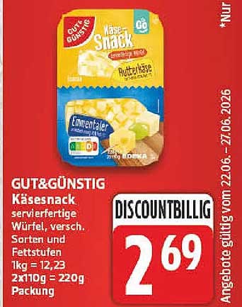 GUT&GÜNSTIG Käsesnack, servierfertige Würfel, versch. Sorten und Fettstufen 1kg = 12,23 2x110g = 220g Packung