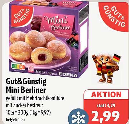 Gut&Günstig Mini Berliner gefüllt mit Mehrfruchtkonfitüre mit Zucker bestreut 10er=300g (1kg=9,97) tiefgefroren