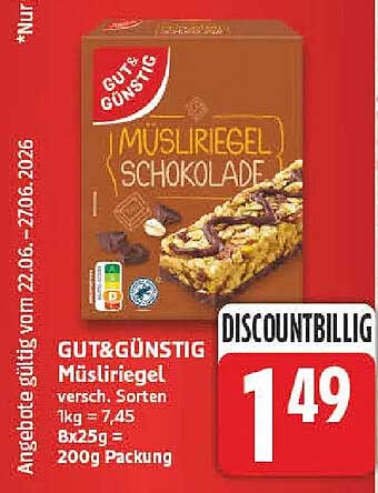 GUT&GÜNSTIG Müsliriegel versch. Sorten 1kg = 7,45 8x25 g = 200g Packung