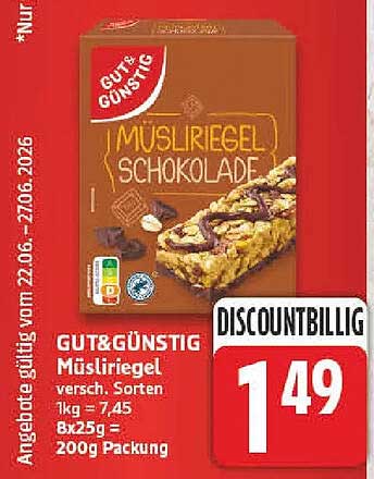GUT&GÜNSTIG Müsliriegel versch. Sorten 1kg = 7,45 8x25g = 200g Packung