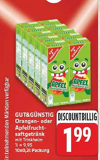 GUT&GÜNSTIG Orangen- oder Apfelfrucht-saftgetränk mit Trinkhalm